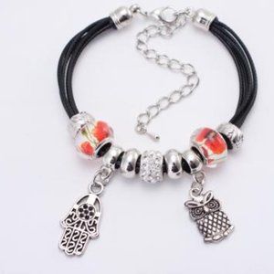 Multi-Strand Bracelet (Black); Silver Charm; Beads
